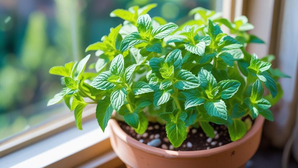 Spearmint growing indoors in a pot
